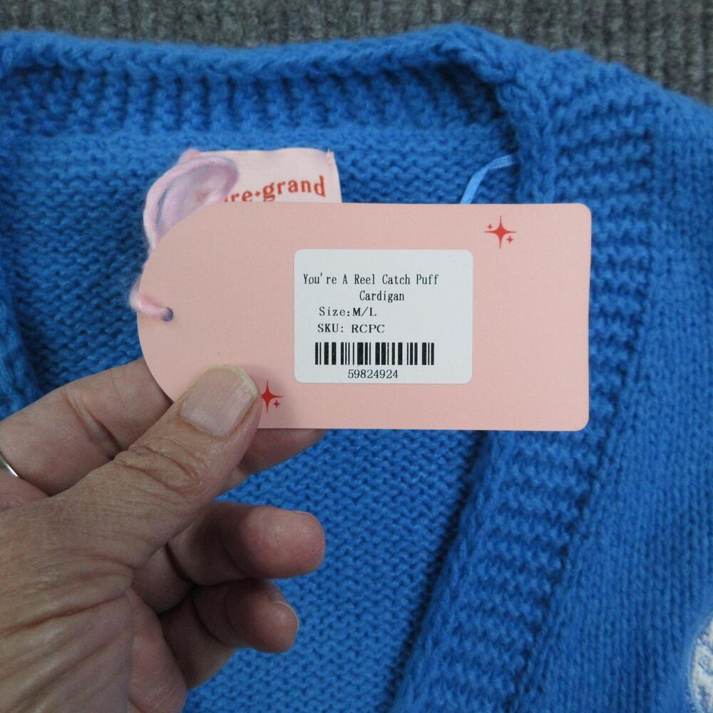 Mure+Grand Sweater Girls M/L Blue You're A Reel Catch Puff Cardigan Lobster NWT - Picture 9 of 16